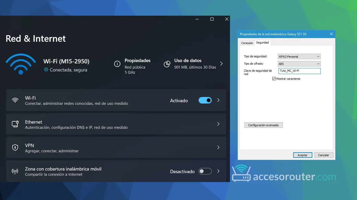 Ventana de propiedades inalámbricas de Windows 11