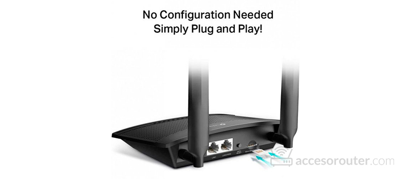 Router TP-Link TL-MR100 con el reclamo del fabricante «No Configuration Needed, Simply Plug and Play» sobre la imagen