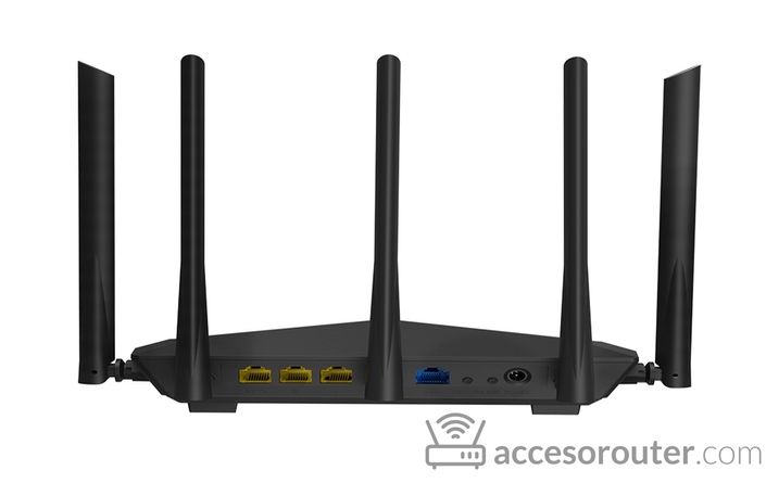 Trasera del router Tenda AC7 con sus cinco antenas, tres puertos LAN amarillos y el puerto WAN azul